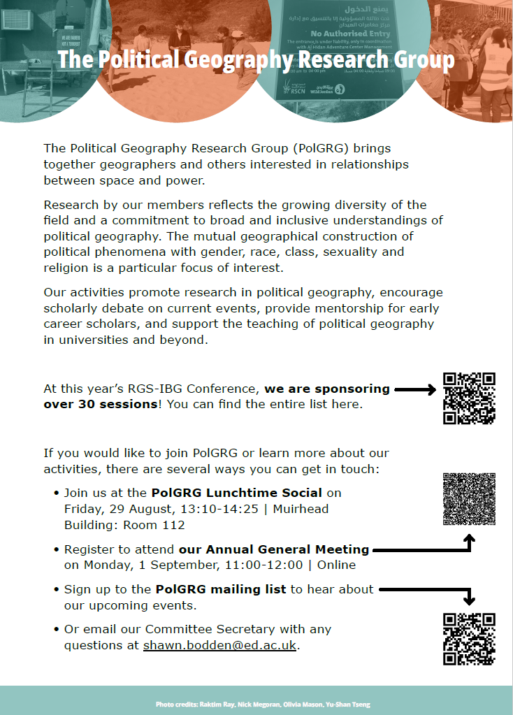 Promotional poster for the Political Geography Research Group (PolGRG) featuring details about their activities at the RGS-IBG Annual International Conference, including session information, a Lunchtime Social event, and contact details.